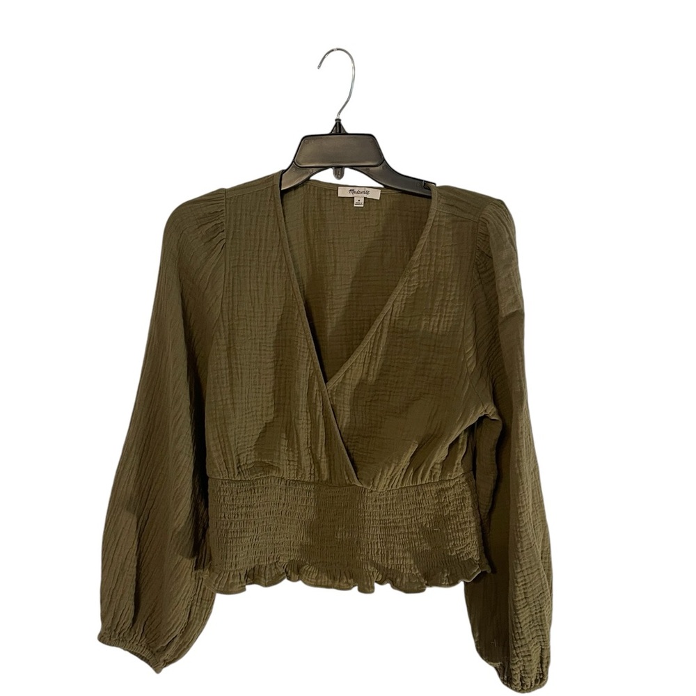 NEARLY NEW MADEWELL CROPPED LONG SLEEVED BLOUSE DARK GREEN SIZE MEDIUM.